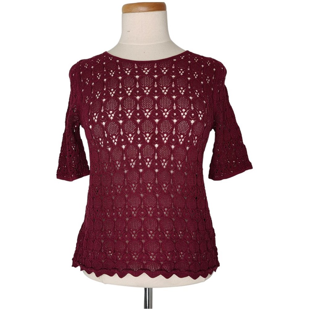 LOFT Burgundy Lace Half Sleeve Semi-Sheer Top S Crochet Whimsygoth Fairy